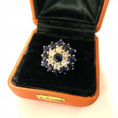 A fine 18ct white gold sapphire and diamond cluster ring. Size O. (From the Estate of the late Alderman L Miles).