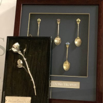 A framed set of hallmarked silver and enamel teaspoons together with a silver model of The Amy Crane Rose mounted on a wooden panel- NO RESERVE