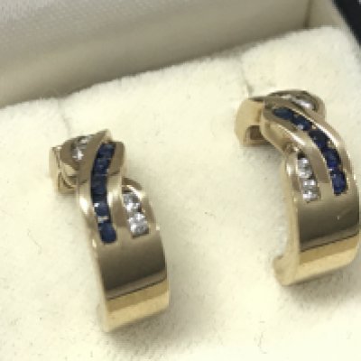 9ct gold diamond and sapphire hoop earrings . 4.2g total weight. Postage category A
