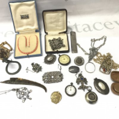 A Collection of Costume jewellery including a sovereign case, pocket watches, necklaces . Postage category B