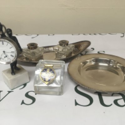 A Silver cased key wind watch a hanging on small figure with marble base silver plated pen tray an ink well and one other dish