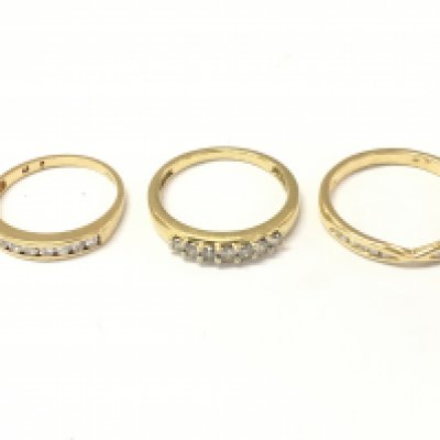 Three 18ct gold diamond 1/2 hoop rings. Size J 1/2 K 1/2 and N. 7g Postage A
