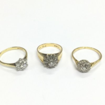 Three 18ct gold diamond cluster rings, approx sizes J, O and P, total approx weight 10g. Shipping category A.