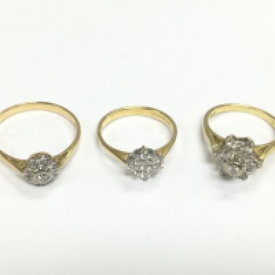 Three 18ct gold diamond cluster rings, approx sizes H, H-I and P. Approx total weight 7.2g. Shipping category A.