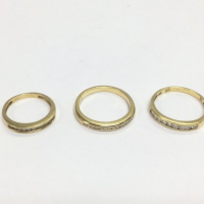 Three 18ct gold half hoop diamond rings, approx sizes N, N-O and H. Total approx 7.6g. Shipping category A.