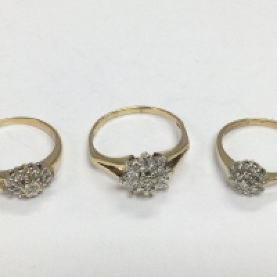 Three 9ct gold diamond cluster rings, approx sizes 5.7g. Total approx 5.7g. Shipping category A.