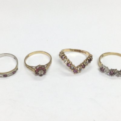 Four 9ct gold rings set with diamonds and rubies, approx sizes L and O. Total approx 7.2g. Shipping category A.