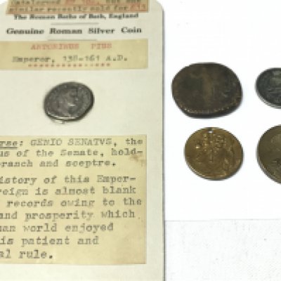 A small collection of coins including Roman Antoninus Pius 138-161 A.D coin. Postage category A