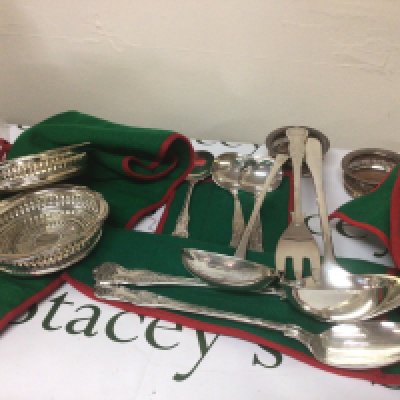 A box containing a large quantity of good quality silver plated cutlery including serving spoons wine coasters other cutlery tureens plates etc.