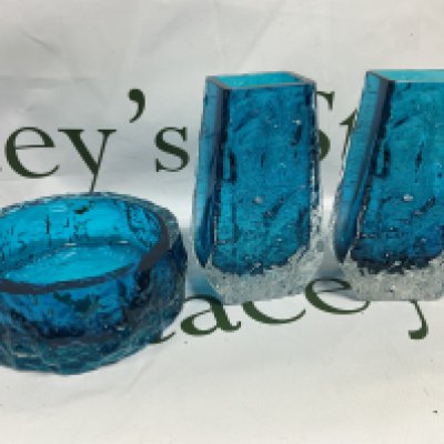 two white friars glass vases and one white friars glass dish.