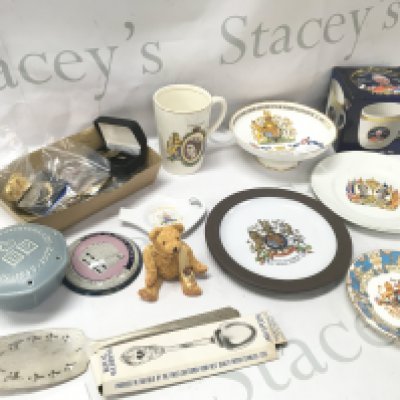 A Collection of commemorative ware items including Ceramic plates, cups, jewellery and coins etc.