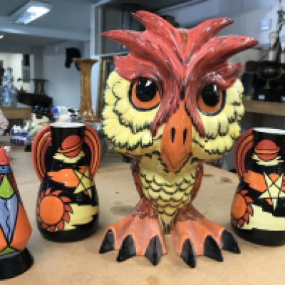A large Lorna Bailey owl figurine. Height 19cm, limited edition 41/75. No obvious damage or restoration. Together with two limited edition Celestial pattern vases = 98/100 and 89/100 and a further limited edition small sugar shaker with silver pen base mark -5/5.