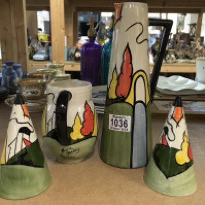 Four pieces of Lorna Bailey pottery in the"Bridge and Stream" pattern, tapered jug, and matching conical sugar shakers