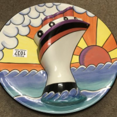 Seven Lorna Bailey pottery items including Limited Edition 50/100 Ocean Liner Charger (with certificate of authenticity), Limited Edition Flat-back 68/250 Ocean Liner, jug with raised design of a ship, and four sugar shakers depicting fish