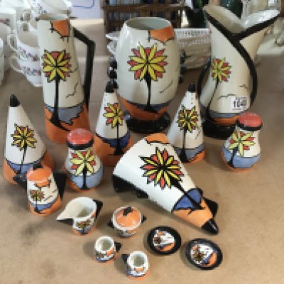 Lorna Bailey "Beach" pattern pottery, to include vases, wall pocket, miniature tea setm sugar shakers and salt and pepper pots