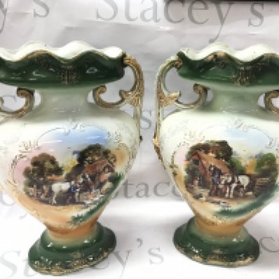 A pair of New Victor porcelain vases with countryside farm scene decorations 36cm tall . This lot cannot be posted
