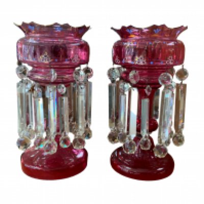 A good pair of Victorian cranberry glass lustres. 36cm.