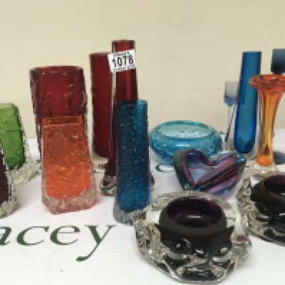 A collection of 1950-60 Whitefriars glass vases mixed colour and shape and other conforming glass dishes no obvious damage.