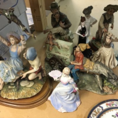 A Collection of 8 figures including Coalport and capodimonte. and two Chinese style plates .