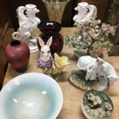 A Collection of ceramics and glassware including a gilt decorated glass vase and a pair of Griffin candlesticks