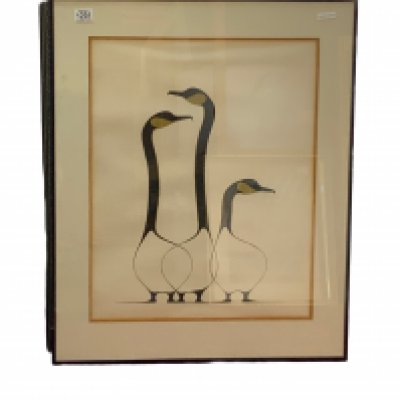 Benjamin CHEE CHEE (1944-1977) A study of 3 Geese, lithograph. (Framed and glazed 64cm x 78cm) . Gallery stamp to reverse.