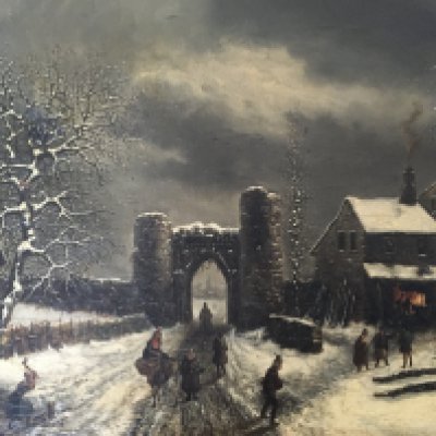 A framed 19th century oil painting Continental winter scene with figures and buildings within a stone wall with an open arch signed indistinctly and dated 1837. 64x49cm