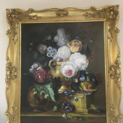 A framed oil painting still life study flowers in classical vases. Signed H.Antone. NO Reserve.