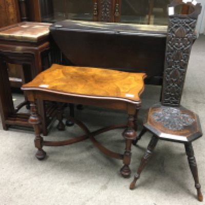 A Collection of furniture comprising a low walnut occasional table, Georgian drop leaf table, a spinning chair and a nest of three oriental tables