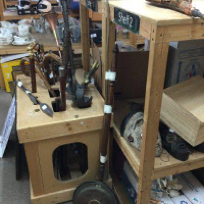 A Victorian coach horn, warming pan , large set of inlaid bellows