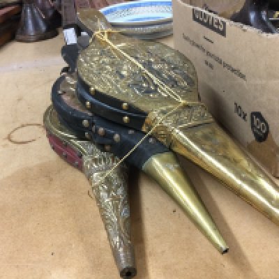 Three brass covered sets of bellows . Postage catC