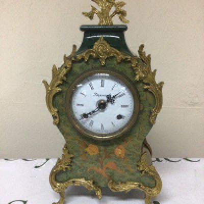 An Italian Imperial mantel clock with marquetry decoration on a green ground with applied gilt metal mounts with Key Height 38cm- NO RESERVE