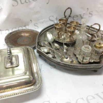A collection of silver plated items including cutlery, a tray , cut glass condiment jars etc. this lot cannot be posted- NO RESERVE