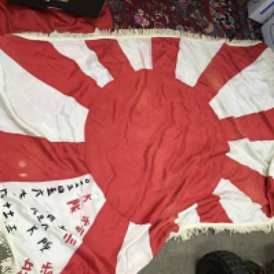 A collection of flags including Japanese rising sun, Bob Marley flag, Third Reich flags and five reproduction aircraft posters. No reserve