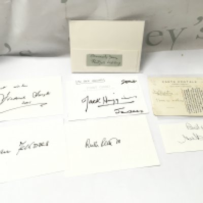 A collection of autographs from famous poets and authors including Ruth Rendell, Rudyard Kipling, G. K. Chesterton, Frederick Forsyth etc. postage cat A