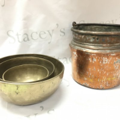 Three bronze bowls (8 to 10cm tall) and a copper skittle (23cm tall) postage category C