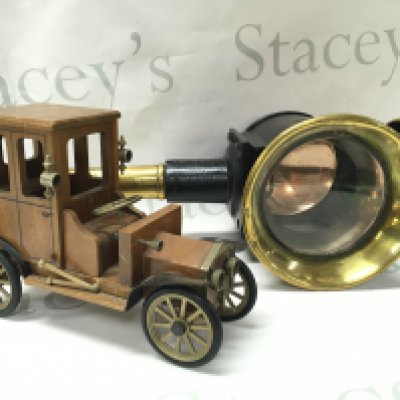 A carriage lamp and a vintage wooden car . This lot cannot be posted