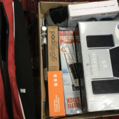 A Collection of tripods , boxed in motion portable audio , boxed Milan DAB & FM radio with bluetooth