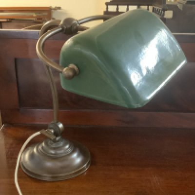 An original 1940s Siemens brass and enamel library desk lamp.