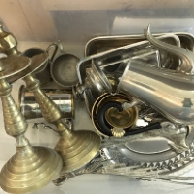 A collection of assorted silver plate and other items including tankards and candle stick holders. Postage C