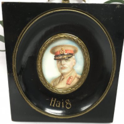 A Edwardian framed ebonised miniature depicting General Douglas Haig 1919. Total size 10cm x 10cm
