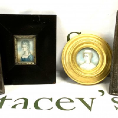 2 hallmarked silver photo frames together with 2 framed miniature portraits.
