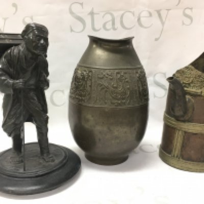 Three Chinese bronze items including a peasant man figure (24cm tall) , vase and a kettle . Postage category C