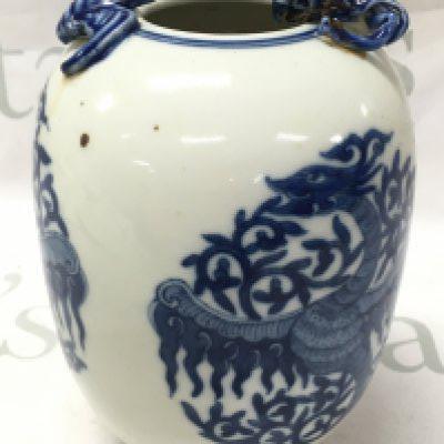 A Chinese blue and white Dragon and Phoenix vase 17cm tall. This lot cannot be posted