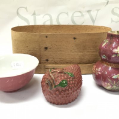 Chinese ceramics, double gourd vase decorated with butterflys and flowers with a four character mark to base , Lychee ornament, dragon tea bowl with four character mark . This lot cannot be posted