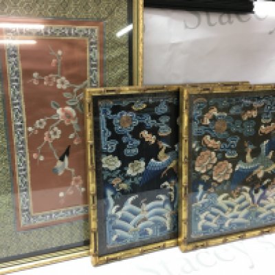Three framed Chinese silk panel pictures with depictions of birds and floral decoration. This lot can be posted without frames , 29x47cm and 31x30cm postage category A