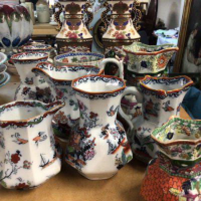 A pair of Chinese style limited edition 20th century Mandarin Vases and a quantity of Masons and other Victorian Ironstone china vases and jugs. NO RESERVE