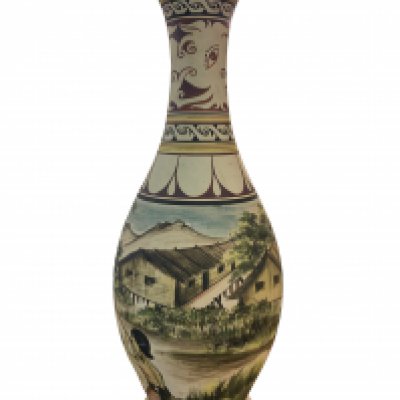 A large Malaysian pottery hand painted vase rim the Miri Sarawak area. Tribal hunting scene decoration. 61cm.248336