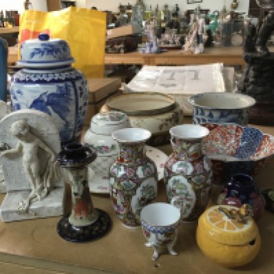 A collection of ceramics including Imari dish, blue and white vases, Famille rose style vases