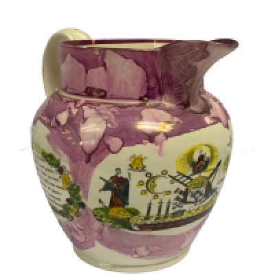 A superb example of a Sunderland Lustre pottery jug with a Masonic transfer to the front of and verses to the sides. 24cm. (Catagory D. Postage not available in house).