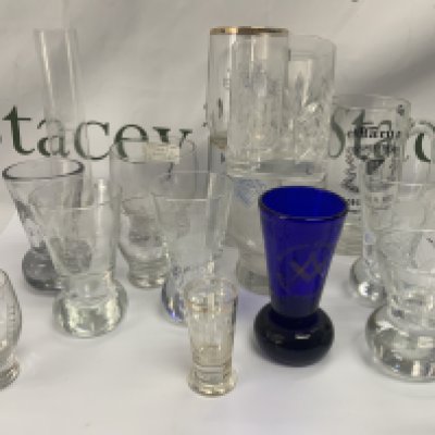 A collection of Masonic glassware to include 20th Century Bohemium presentation example.